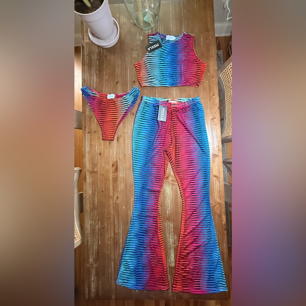 Vibrant Ombre Ribbed Two-Piece Set - Blue/Pink/Orange